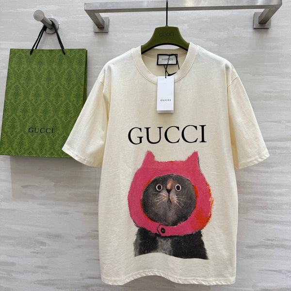 Gucci 25 Kitten Short-sleeved T-shirt Beige Brown Cotton