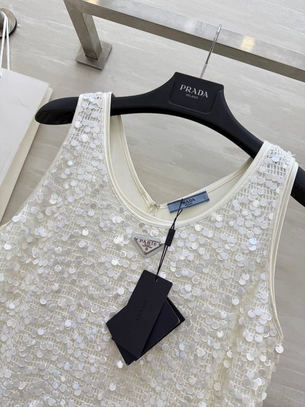 Prada 25 Sequin Vest Dress White Polyester