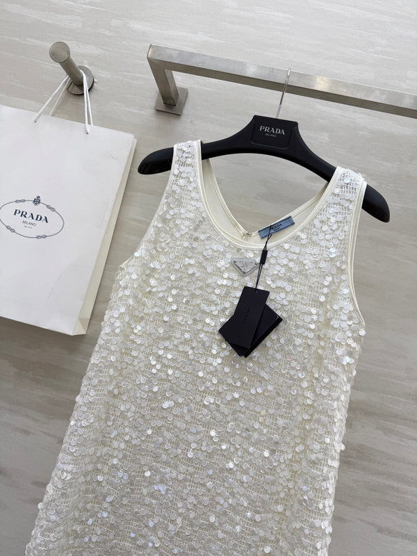 Prada 25 Sequin Vest Dress White Polyester