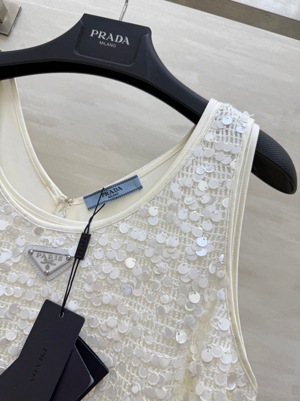 Prada 25 Sequin Vest Dress White Polyester