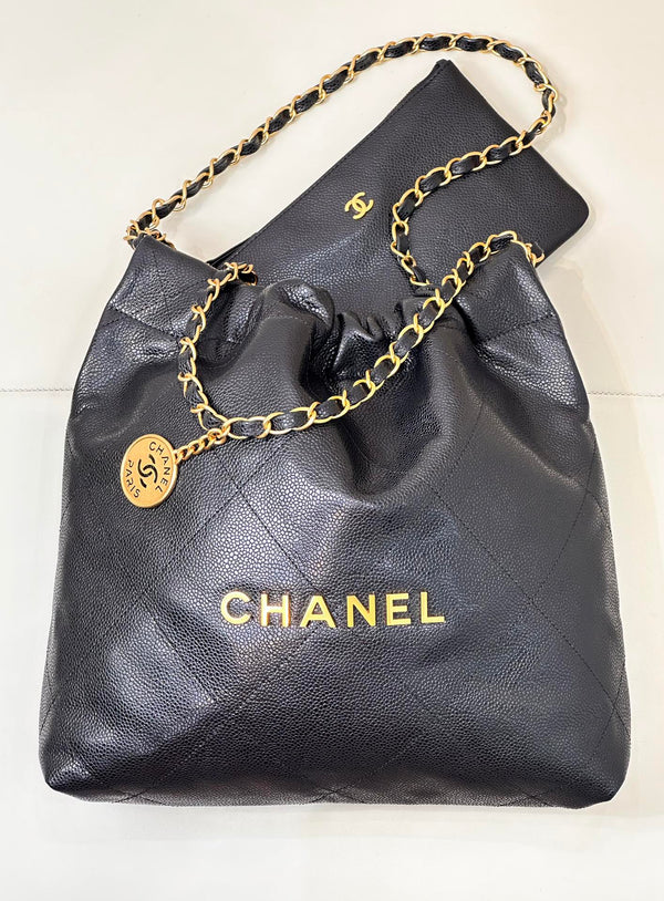 CC 22 Hobo Bag 35cm Black Grained Calfskin Gold Hardware