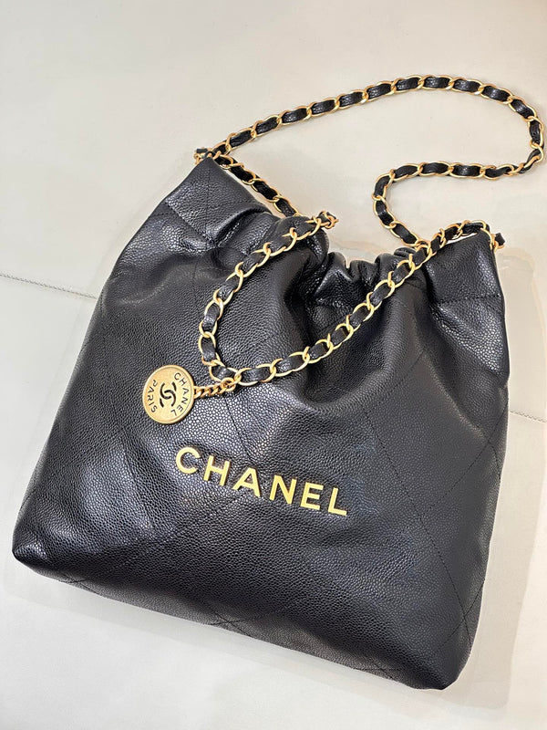 CC 22 Hobo Bag 35cm Black Grained Calfskin Gold Hardware