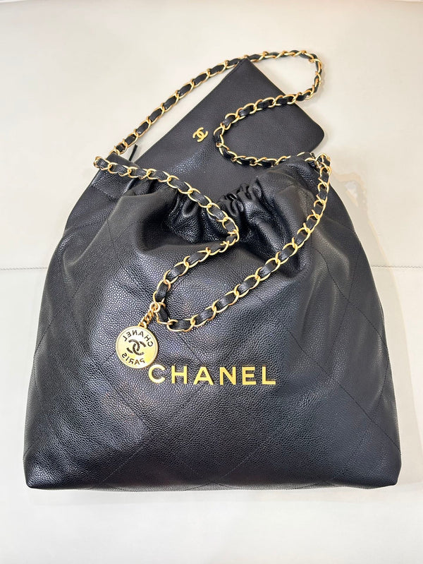 CC 22 Hobo Bag 42cm Black Grained Calfskin Gold Hardware