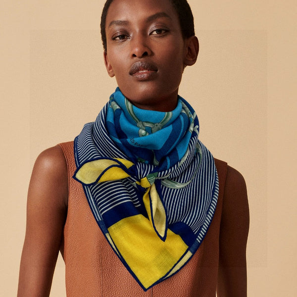 Mors a Jouets Chemise Shawl 110 CM In Blue Colorful Cashmere And Mulberry Silk 253303