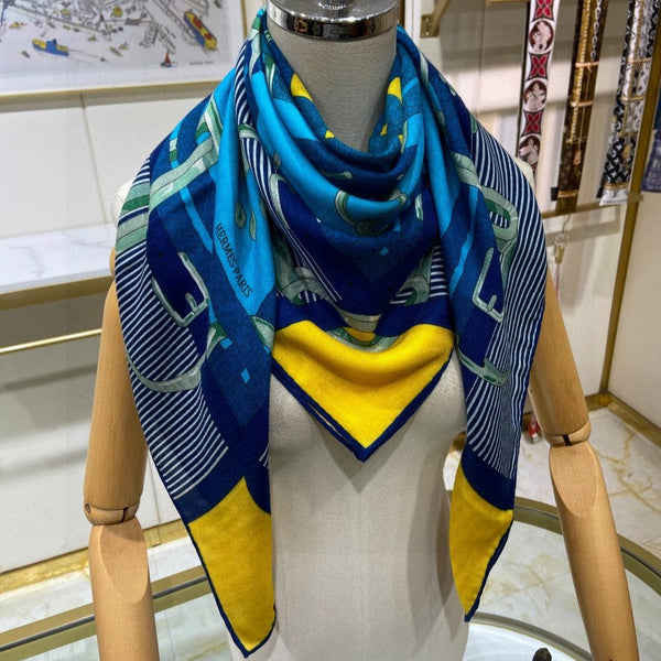 Mors a Jouets Chemise Shawl 110 CM In Blue Colorful Cashmere And Mulberry Silk 253303