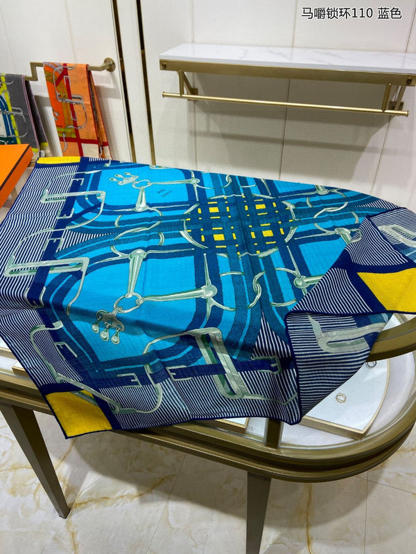 Mors a Jouets Chemise Shawl 110 CM In Blue Colorful Cashmere And Mulberry Silk 253303