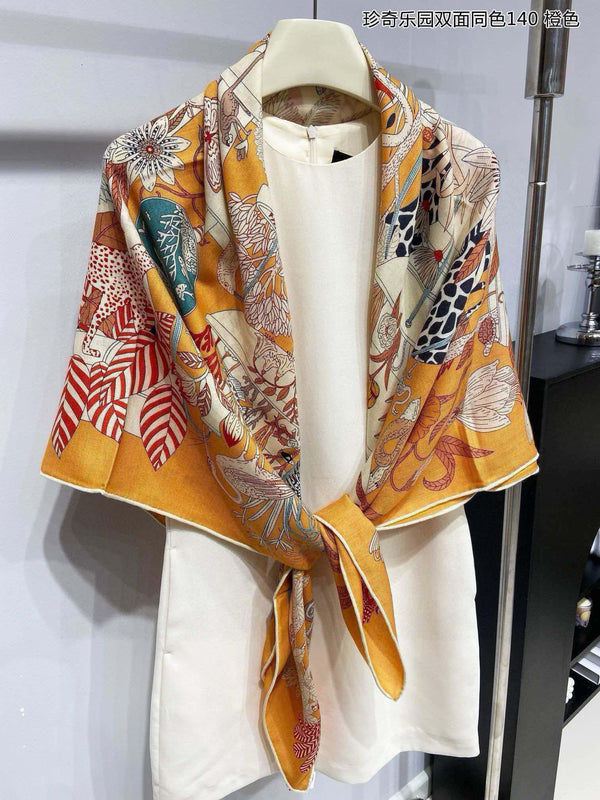 Square Scarf 140 CM Yellow Orange Colorful Cashmere And Silk