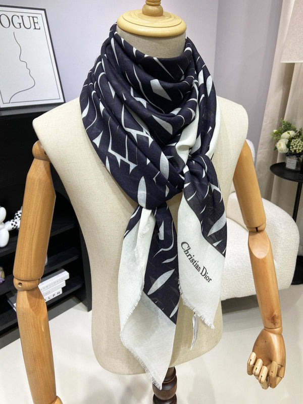 SCIALLE MISS DIOR ALLOVER 140 CM IN CASHMERE SETA E BIANCO MISTO NERO 411629