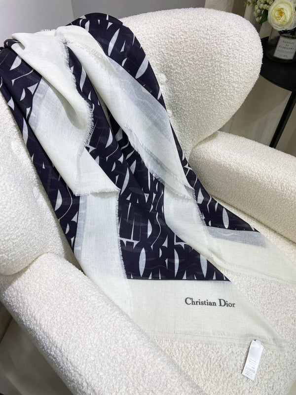 SCIALLE MISS DIOR ALLOVER 140 CM IN CASHMERE SETA E BIANCO MISTO NERO 411629