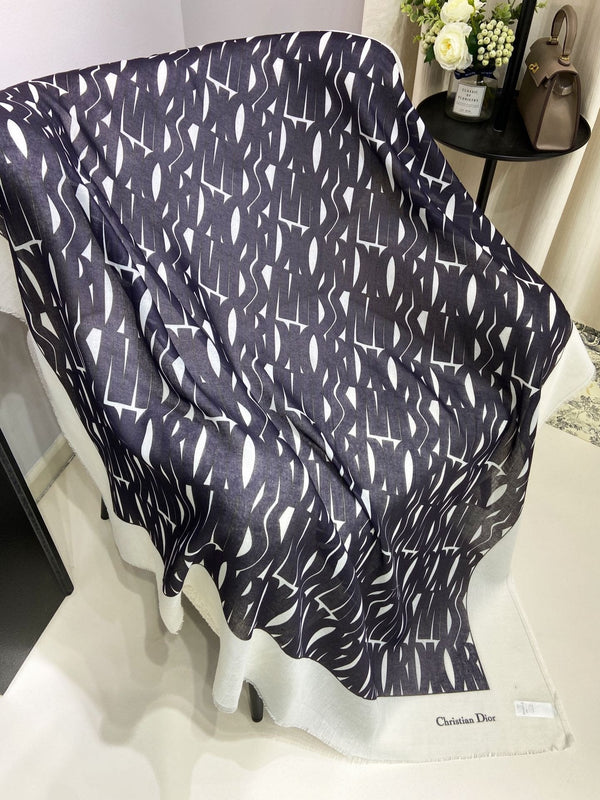 SCIALLE MISS DIOR ALLOVER 140 CM IN CASHMERE SETA E BIANCO MISTO NERO 411629