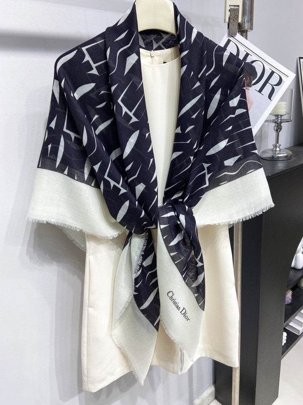 SCIALLE MISS DIOR ALLOVER 140 CM IN CASHMERE SETA E BIANCO MISTO NERO 411629