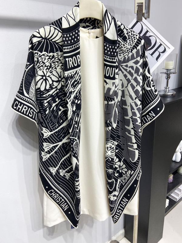 SQUARE SCARF 140 CM IN BLACK MIX WHITE MONOGRAM WOOL AND SILK 415109