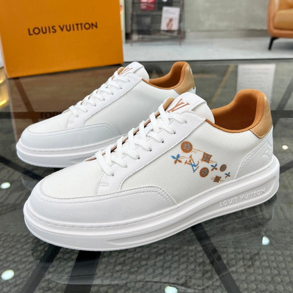 BEVERLY HILLS TRAINERS WHITE MIX BROWN CALFSKIN AND MESH FABRIC