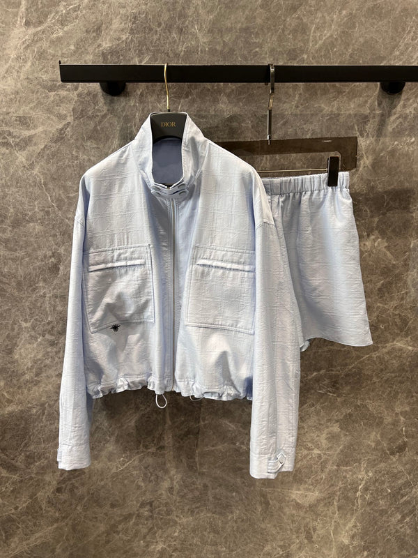 CD 25 Embroidered Zipper Jacket and Shorts Set Blue Tencel Polyamide 215973