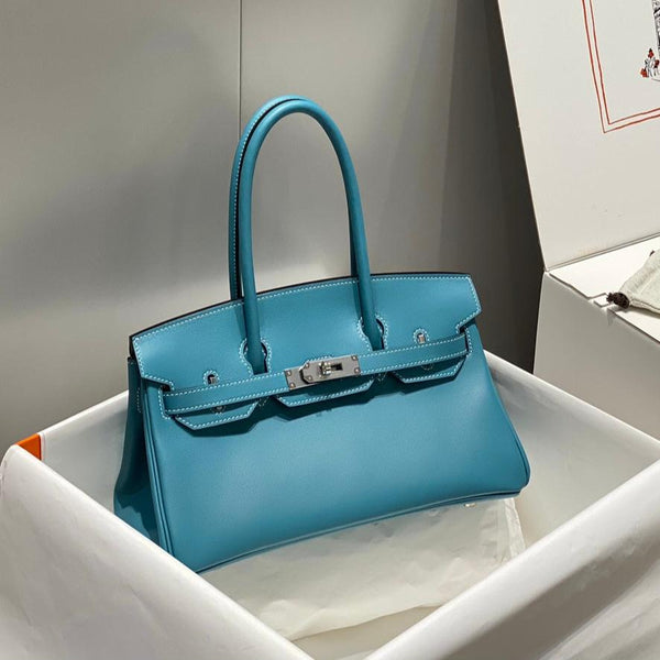 HM Shoulder Birkin 29cm Blue Denim Swift Leather Silver Hardware