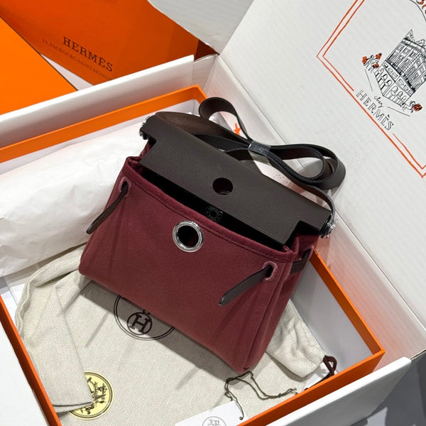 HM Mini Herbag Silver Buckle 20 Burgundy Canvas and Hunter Cowhide 243250