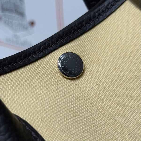 HM Garden Party 30cm Bag Black Togo Light Beige Canvas