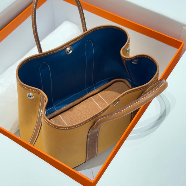 HM Garden Party 30cm Bag Gold Togo Dark Beige Canvas