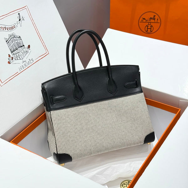 HM Birkin 30cm Black Swift Leather Dark Grey Canvas Gold Hardware