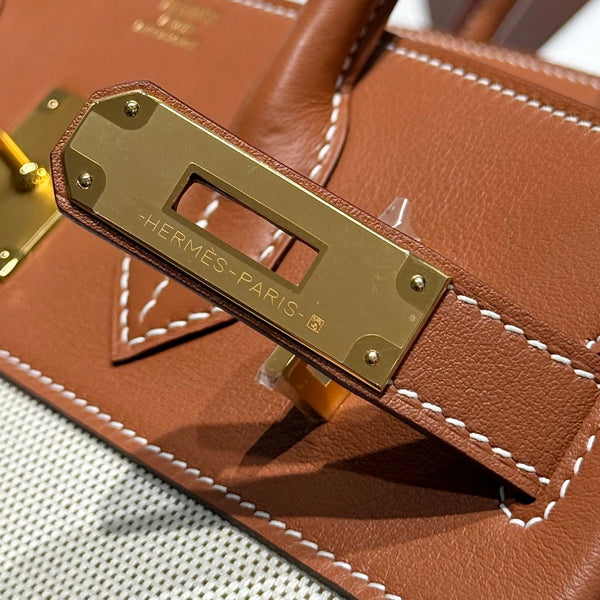 HM Birkin 30cm Golden Brown Swift Cowhide With Beige Canvas Fabric Ghw 249976