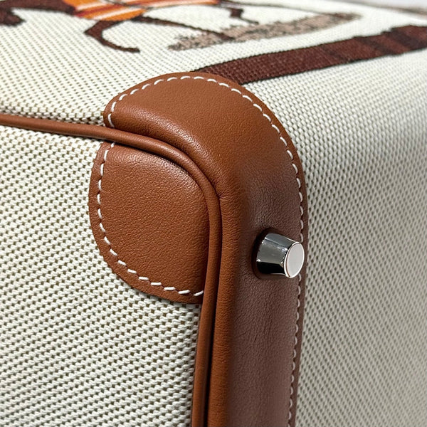 HM Birkin 25cm Golden Brown Swift Cowhide With Horse Totem Beige Canvas Fabric Shw 249990