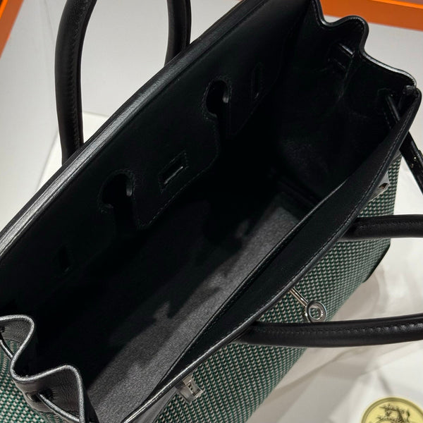 HM Birkin 25cm Black Swift Cowhide With Waffe Forest Green Canvas Fabric Shw 249987