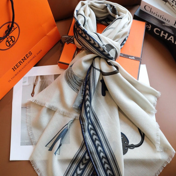 Et Gris Gris Rectangle Scarf 180 CM In White Colorful Cashmere and Mulberry Silk 401142