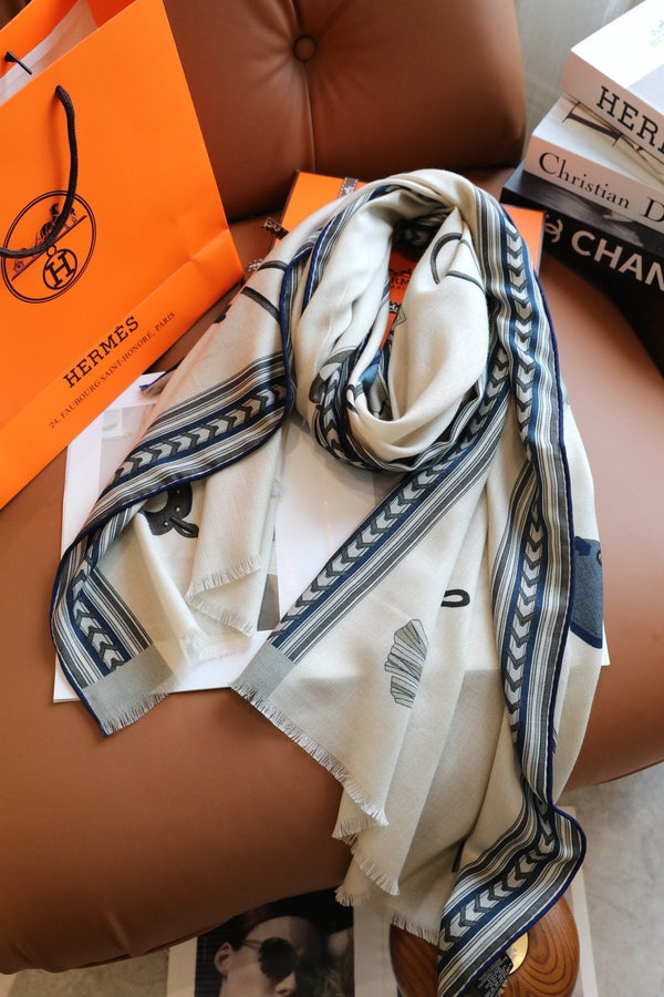 Et Gris Gris Rectangle Scarf 180 CM In White Colorful Cashmere and Mulberry Silk 401142