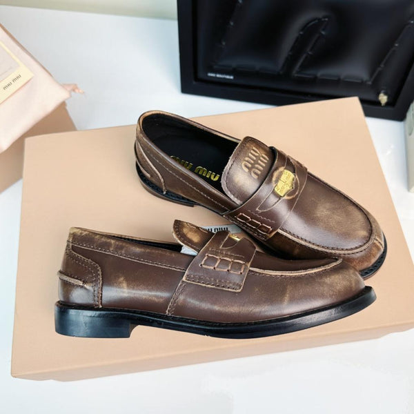 Miu Loafers Chestnut Brown Calfskin