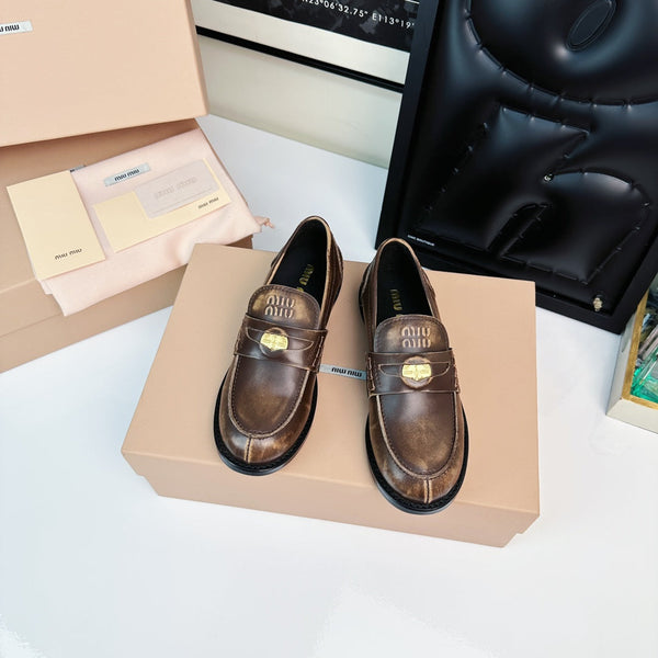Miu Loafers Chestnut Brown Calfskin
