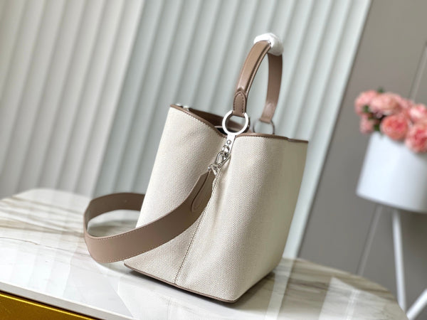 CAPUCINES GM 38CM BEIGE CANVAS BROWN CALFSKIN