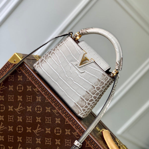 CAPUCINES MINI 21 WHITE GREY CROCODILE EMBOSSED CALFSKIN GOLD HARDWARE