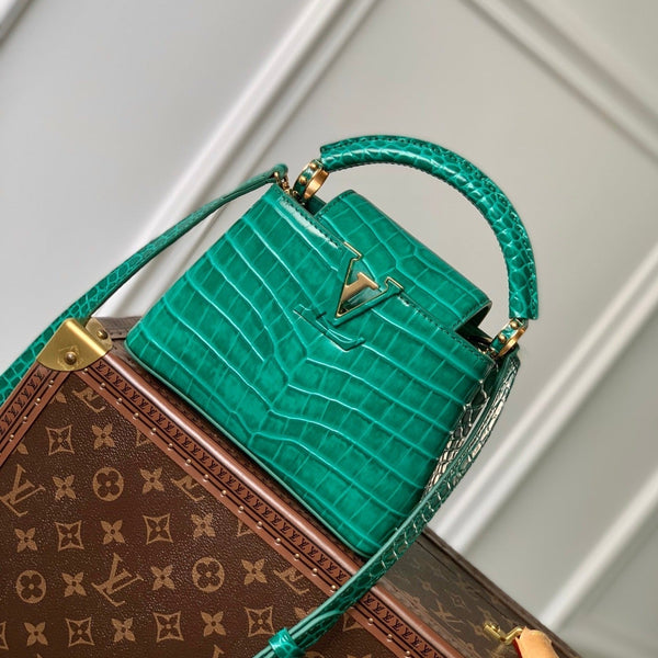 CAPUCINES MINI 21 GREEN CROCODILE EMBOSSED CALFSKIN GOLD HARDWARE