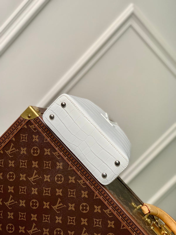 CAPUCINES MINI 21 WHITE CROCODILE EMBOSSED CALFSKIN SILVER HARDWARE