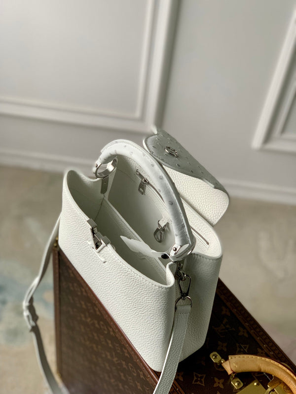 CAPUCINES BB 27 WHITE TAURILLON TURQUOISE SILVER HARDWARE