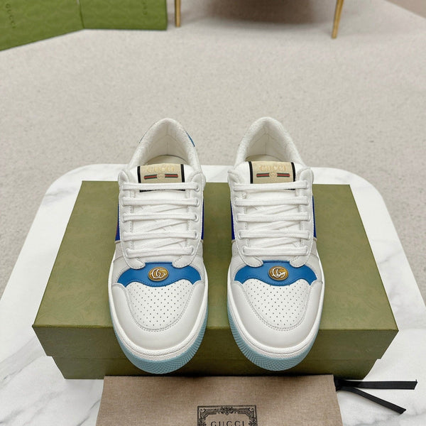 GG WOMEN'S SCREENER TRAINER WHITE AND BLUE CALFSKIN