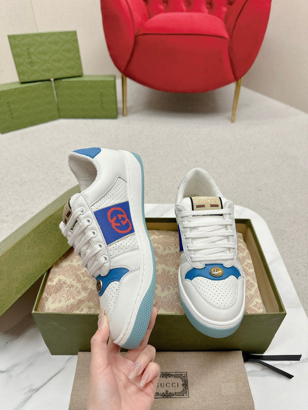 GG WOMEN'S SCREENER TRAINER WHITE AND BLUE CALFSKIN