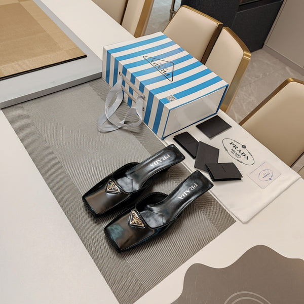 PRA SQUARE TOE MULES BLACK CALFSKIN WITH LOGO