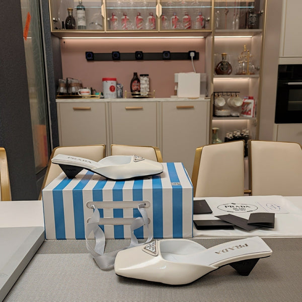 PRA SQUARE TOE MULES WHITE CALFSKIN WITH LOGO