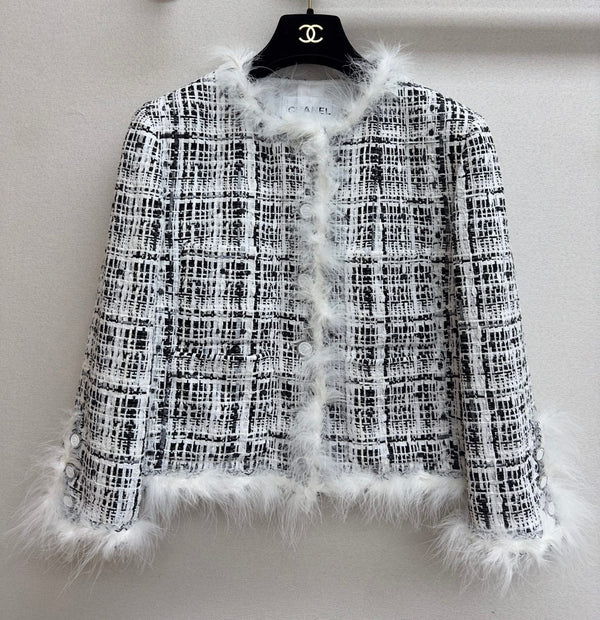 CC Tweed Fur Coat Black White Cotton Polyamide 251826