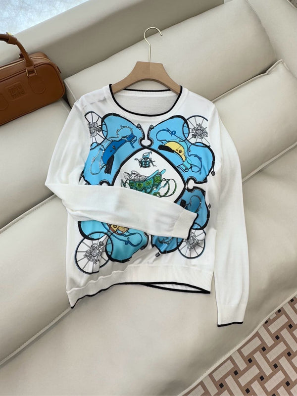 Hm Long Sleeve Knit Sweater White Blue Silk