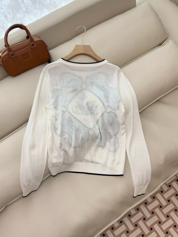 Hm Long Sleeve Knit Sweater White Blue Silk