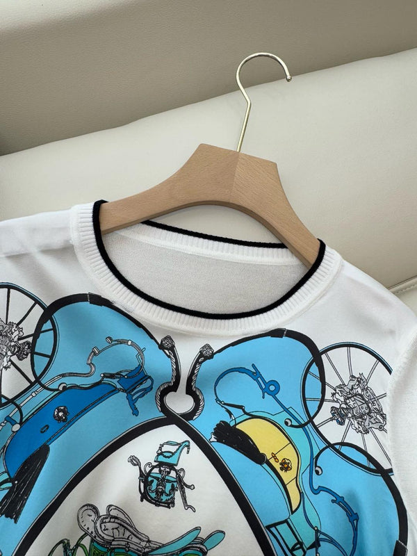 Hm Long Sleeve Knit Sweater White Blue Silk