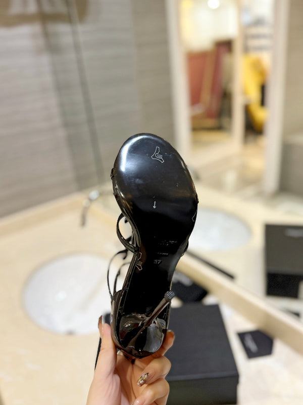 SL CASSANDRA HEELED SANDALS BLACK POLISHED CALFSKIN