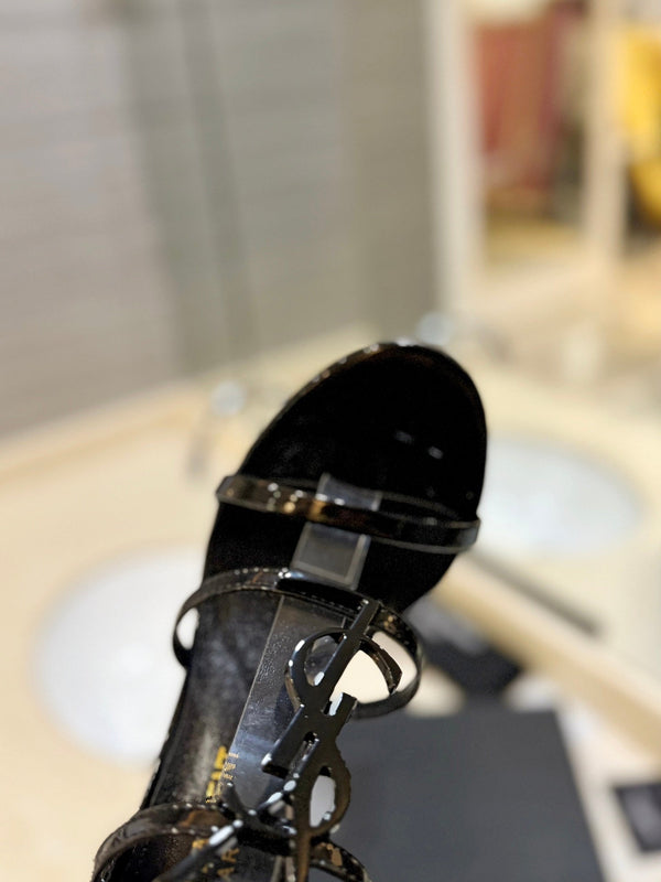 SL CASSANDRA HEELED SANDALS BLACK POLISHED CALFSKIN