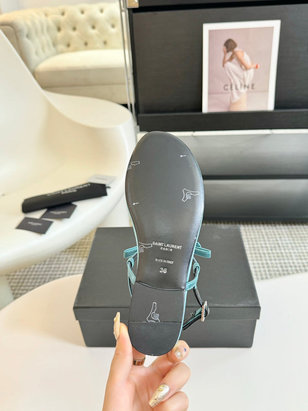 SL Silk Bow T-Strap Flat Sandals Cloud Blue Leather