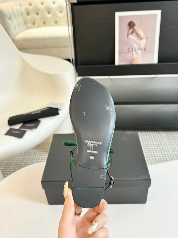 SL Silk Bow T-Strap Flat Sandals Green Leather