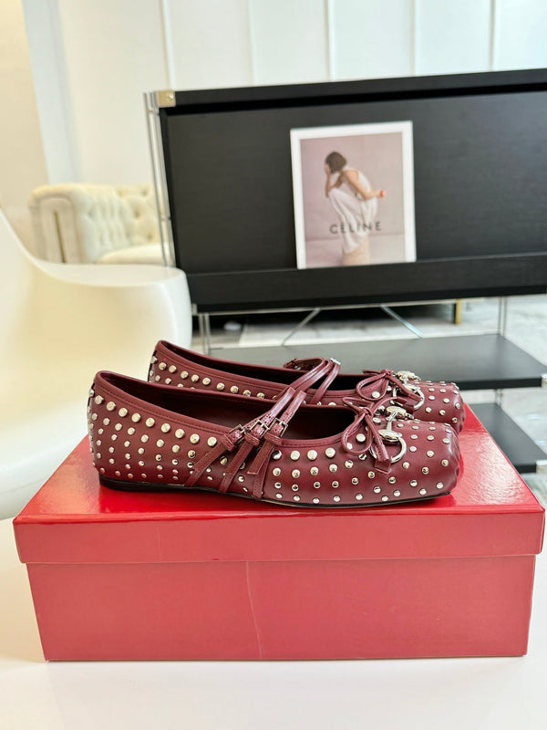 GG RIVETS BALLET FLAT GARNET HORIZONTAL STRAPS LAMBSKIN