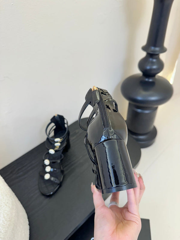 CC 25SS Camellia Multi Straps Heel Sandal 60mm Black Sheepskin 351434