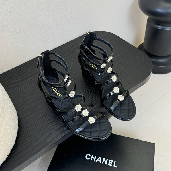 CC 25SS Camellia Multi Straps Heel Sandal 60mm Black Sheepskin 351434